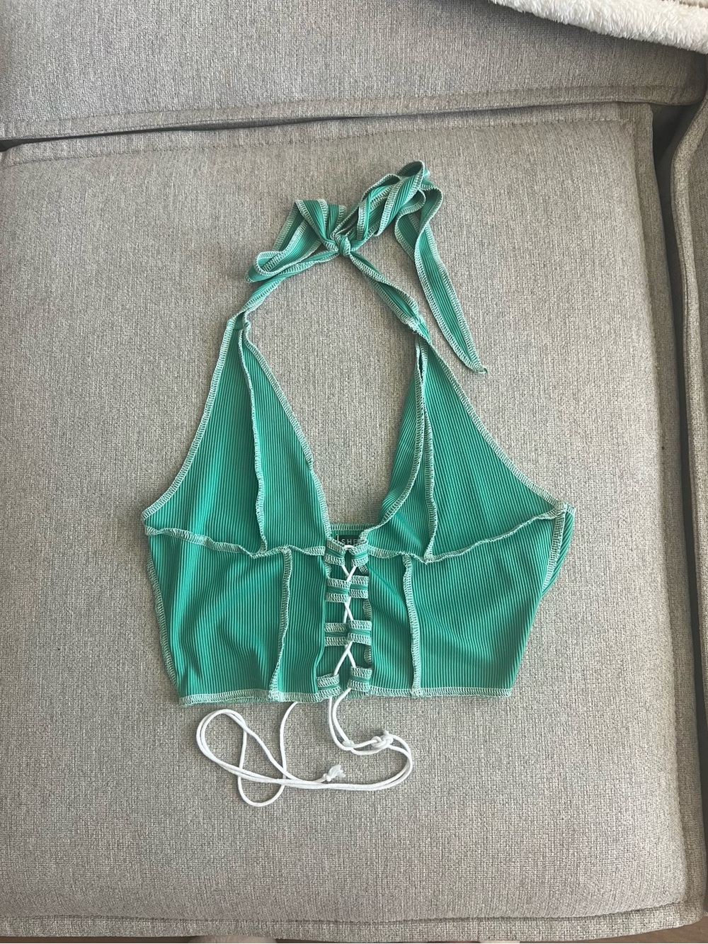 Shein Green Ribbed Halter Tie-Back Crop Top